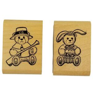 Unmarked Wood Rubber Stamps Thanksgiving Pilgrim Bear Easter Bunny Rabbit Set